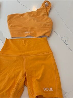 Soulcyle Orange One-Shoulder Sports Bra & High-Waist Shorts Set